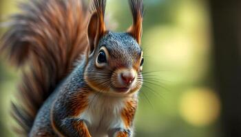 Capturing the intricate fur and lively expression of a male squirrel in soft forest light photo