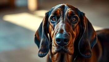 Bavarian Mountain Hound with Amber Eyes and Sleek Coat in Natural Light photo