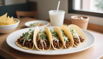 Three tacos filled with ground meat and shredded lettuce, with side bowls of onions, cheese, and beans photo