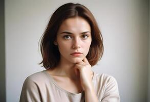 Elegant Russian girl with flowing silky locks and an alluring expression in a high quality portrait photo