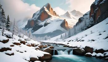 A river flows through a snowy mountain range photo