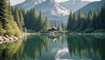 Tranquil lake reflecting towering mountains and lush evergreen trees in a peaceful setting photo
