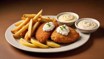 Traditional fish and chips with crunchy batter, tartar sauce, and fresh lemon photo