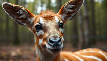 Close up of female bongo with distinct striped fur and focused gaze in natural forest light photo