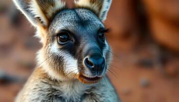 Male wallaby with soft fur and alert expression in outback background photo