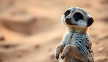Close up of a meerkat in warm evening light, highlighting its whiskers and fur photo