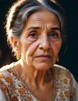 Elderly woman in traditional attire with calm expression and visible wrinkles photo