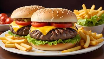 Satisfying double cheeseburger with all the fixings and a side of golden fries photo