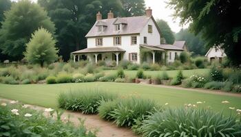 A large white house with a garden in front of it photo