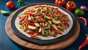 Sizzling chicken fajitas with bell peppers and onions, bursting with flavor photo