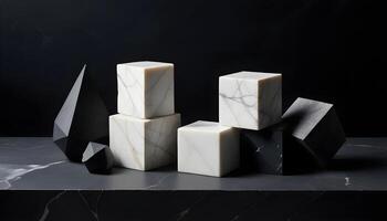 Floating marble cube platform with white and gray veining against a shadowed surface photo