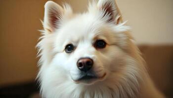 Close up of American Eskimo Dog with dark eyes and serene expression against blurred background photo