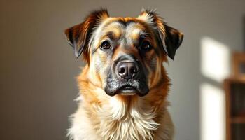 A dog is looking at the camera in front of a window photo