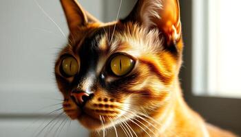 Burmese Cat with Deep Yellow Eyes, Focused Expression, and Whiskers Sharply Defined Against a Blurred Background photo