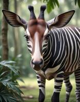 Female okapi with sharp eyes and distinctive leg markings in natural jungle environment photo