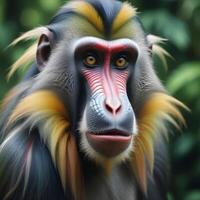 Detailed close up of a male mandrill, showcasing its bold facial colors, sharp eyes, and intricate fur texture against a softly blurred rainforest backdrop photo