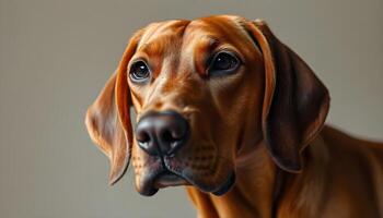 Portrait of a Redbone Coonhound with deep brown eyes, warm red fur, and a strong yet composed gaze, softly blurred neutral background photo