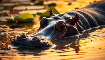 Hippopotamus partially submerged in muddy water with lily pads photo