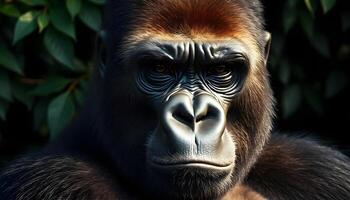 Close up of a gorilla with deep set eyes, muscular jaw, dark fur, with a backdrop of dense greenery photo