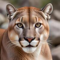 Alert mountain lion with piercing eyes, whiskers in sharp focus against rocky terrain photo