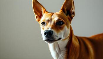 Close up of Basenji dog with alert expression and distinctive curled tail photo