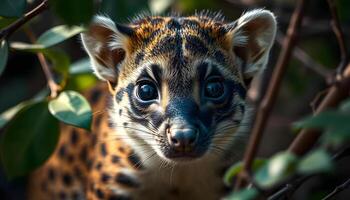 Young spotted hyena cub with large expressive eyes and a distinctive coat, set against blurred foliage photo