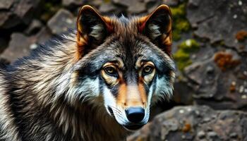 Close up of a gray wolf against rocky terrain, showcasing its rugged coat and piercing gaze photo
