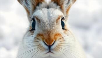 Female snowshoe hare with large eyes and white fur, set against a snowy backdrop photo
