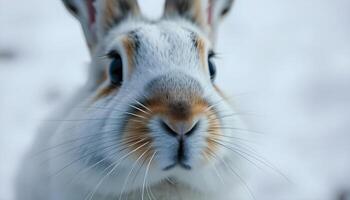 Close up of a snowshoe hare in winter, showcasing its pure white coat and alert gaze photo