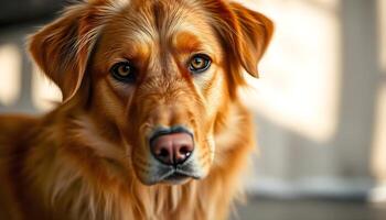 Close up of Nova Scotia Duck Tolling Retriever with relaxed expression in soft natural light photo
