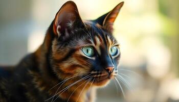 Close up portrait of a tortoiseshell cat, showcasing its striking fur blend, intense green eyes, and soft lighting highlighting delicate whiskers, blurred natural background photo
