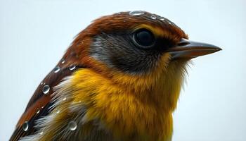 Close up of a small songbird, brown yellow feathers, raindrops on wings, set against a soft gray sky photo