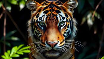 Portrait of a tiger, showcasing its powerful gaze, bold striped coat, and intense expression, with moody jungle lighting enhancing its presence photo