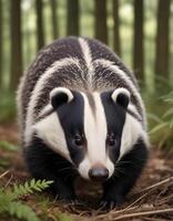 Female badger with a distinctive striped face, captured in soft natural lighting photo