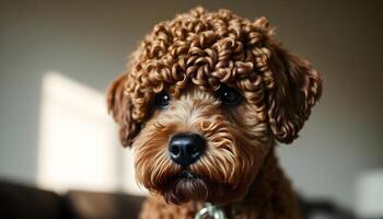 Close up of Lagotto Romagnolo with dark eyes and textured coat against blurred background photo