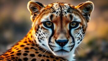 Close up of female cheetah with sharp gaze and smooth fur against blurred savannah photo
