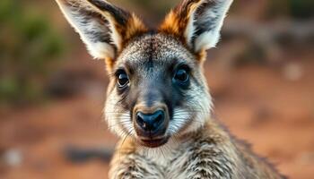 Wallaby with soft fur and clear expression captured in tranquil outback backdrop photo