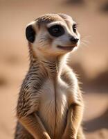 Close up of a young male meerkat standing upright, with his fur slightly ruffled by the wind The sharpness of his eyes and the texture of his fur are emphasized against a blurred desert background photo