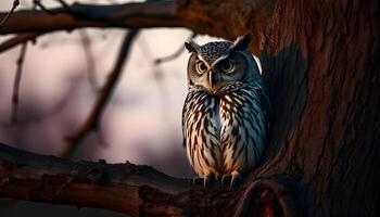 Wise old owl with large, round eyes perched on a weathered tree branch during twilight photo