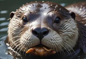 Detailed close up of an otter, emphasizing his playful expression, intricate fur textures, and the way light reflects off the water, enhancing his lively appearance photo