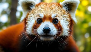Detailed close up of a red panda, capturing the fine textures of her thick coat, delicate whiskers, and the soft dappled forest light accentuating her expression photo