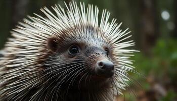 Extreme close up of a male porcupine with sharp quills and a curious expression photo