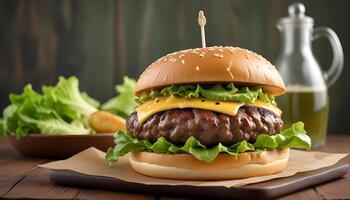 Perfectly cooked burger with melted cheese, fresh lettuce, and sesame bun on rustic surface photo