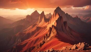 Rugged mountainous terrain with jagged peaks and dramatic sky photo