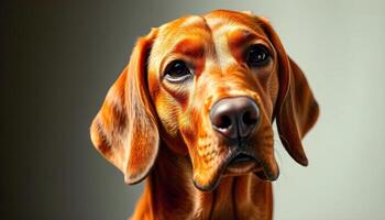 Detailed close up of a Redbone Coonhound, showing its short, sleek coat, sharp facial structure, and natural light accentuating its features photo
