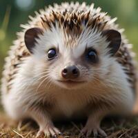 Inquisitive female hedgehog with spines standing out against a softly blurred background photo