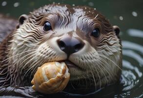 Extreme close up of a male otters face while he floats on his back, holding a shell The wet fur texture is clearly visible, with attention to the shape of his whiskers and the sparkle in his eyes photo