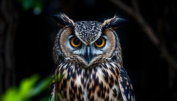 Portrait of a wise owl with large, round eyes, focusing on its feather patterns and a dark forest backdrop photo