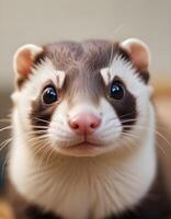 Ferret with curious gaze and textured fur in tranquil blurred background photo