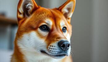 Shiba Inu with calm expression and red coat illuminated by soft natural light photo
